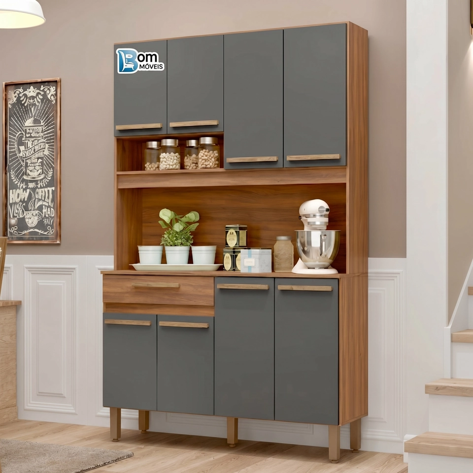 Cozinha Compacta Valparaiso 8 Portas 1 Gaveta Puxadores de Mdf 5 Pés Reguláveis - Alt.: 191cm - Larg.: 121cm - Prof.: 35 - 3