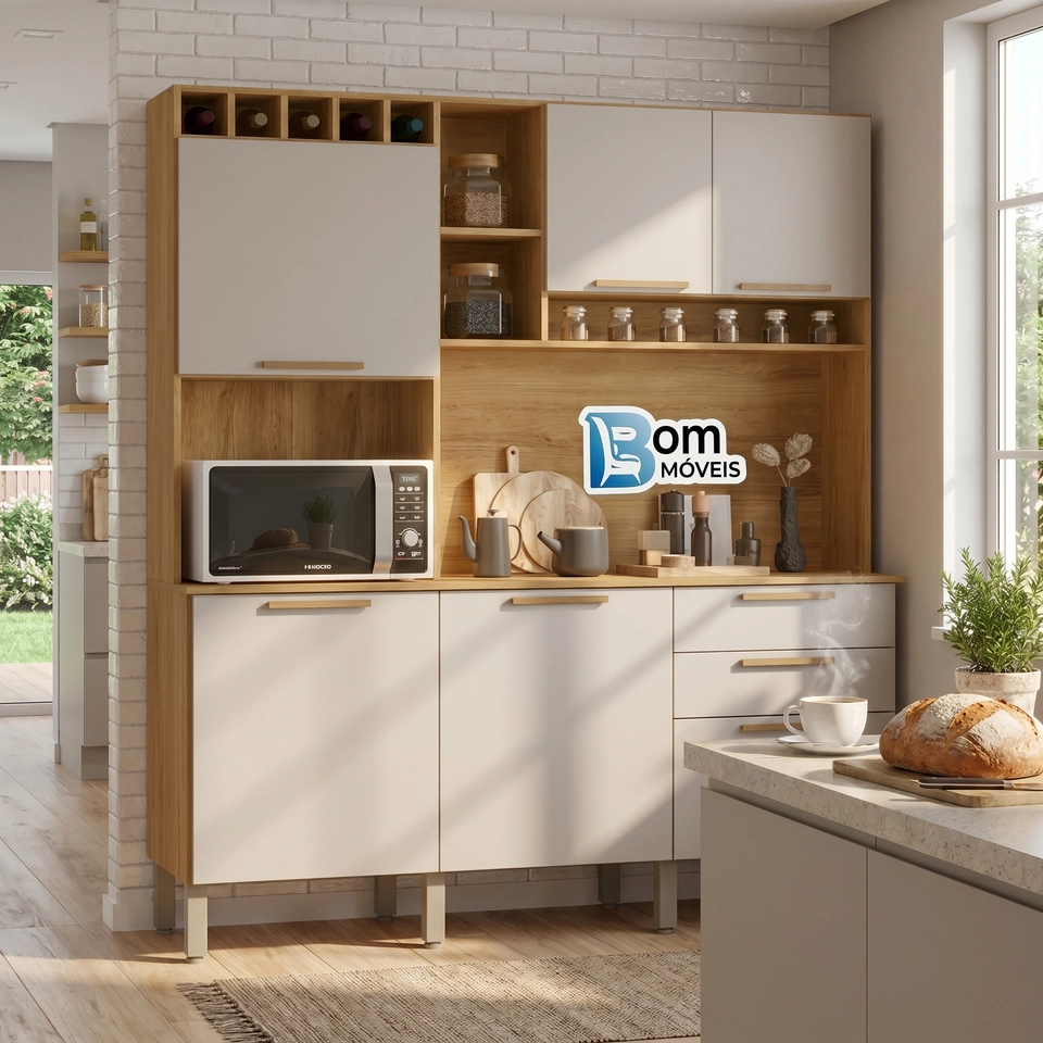Cozinha Compacta Topázio 6 Portas 2 Gavetas Puxadores Mdf 5 Prateleiras Nicho Adega 8 Pés Reguláveis - Alt.: 201cm Larg.: 165cm Prof.: 45cm. - 3