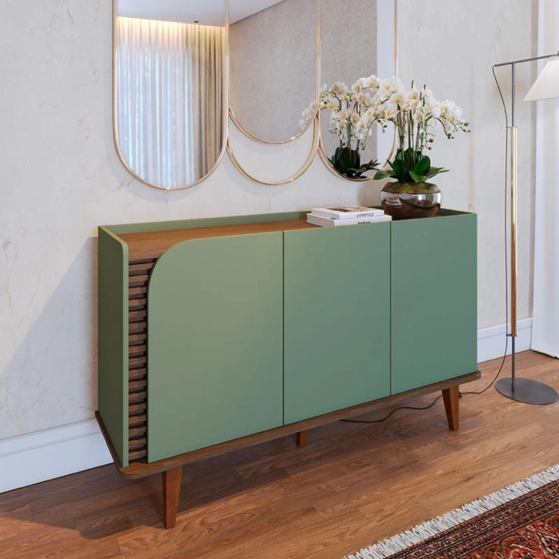Buffet Aparador Jurerê 3 Portas Lateral Ripada 5 Divisões internas 5 Pés Palitos Retrô de Madeira - Alt.: 79cm Larg.: 136cm Prof.: 39cm.