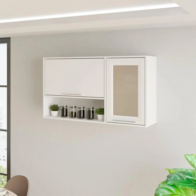 Armário Aéreo Basculante Para Cozinha Paris C/ 1 Porta De Vidro 1 Porta Basculante 2 Prateleiras 1 Nicho - Alt.: 67cm Larg.: 120cm Prof.: 31cm.