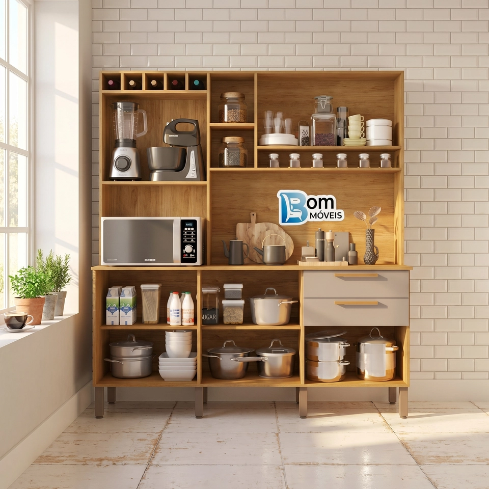 Cozinha Compacta Topázio 6 Portas 2 Gavetas Puxadores Mdf 5 Prateleiras Nicho Adega 8 Pés Reguláveis - Alt.: 201cm Larg.: 165cm Prof.: 45cm. - 2