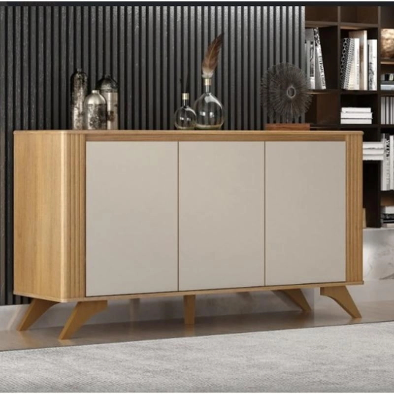 Buffet Pampulha 3 Portas Moldura Lateral Ripada 2 Prateleiras 4 Divisões 5 Pés De Madeira Maciça - Alt.: 81cm Larg.: 134cm Prof.: 42cm.