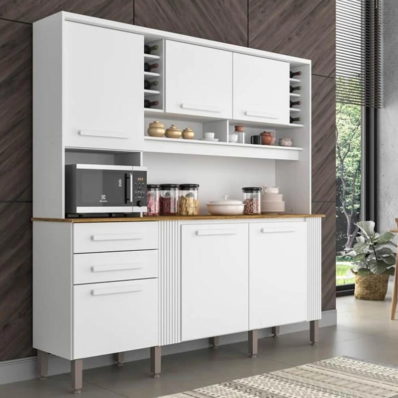 Cozinha Catar Com Molduras Ripadas 6 Portas 2 Gavetas Puxadores Mdf 2 Nichos Adega 8 Pés Reguláveis - Alt.: 200cm Larg.: 200cm Prof.: 45cm. - 5