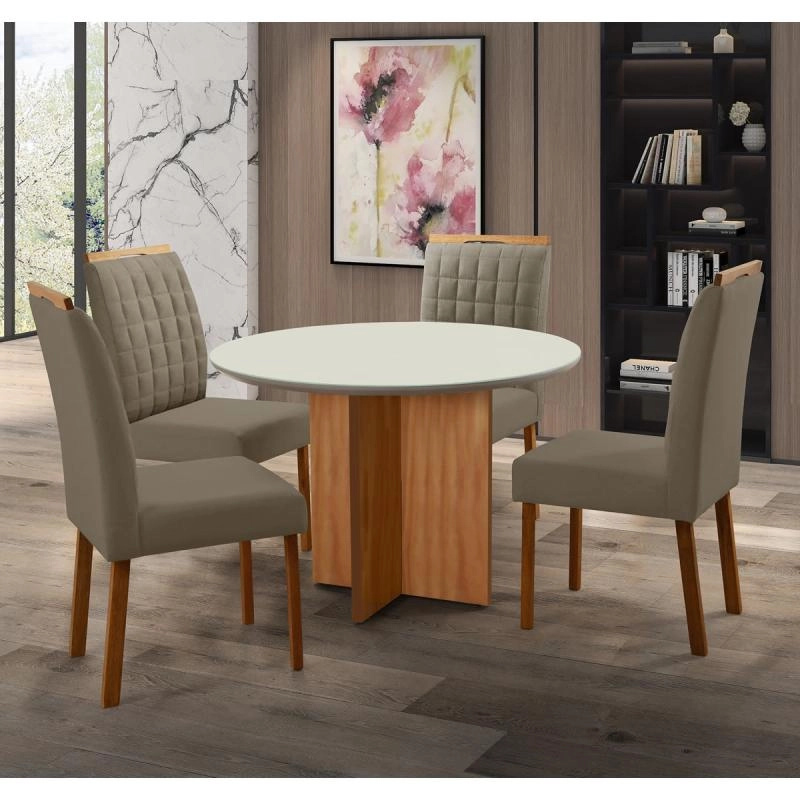 Conjunto de Mesa Com Tampo de Vidro Redonda Com 4 Cadeiras - 90cm X 90cm