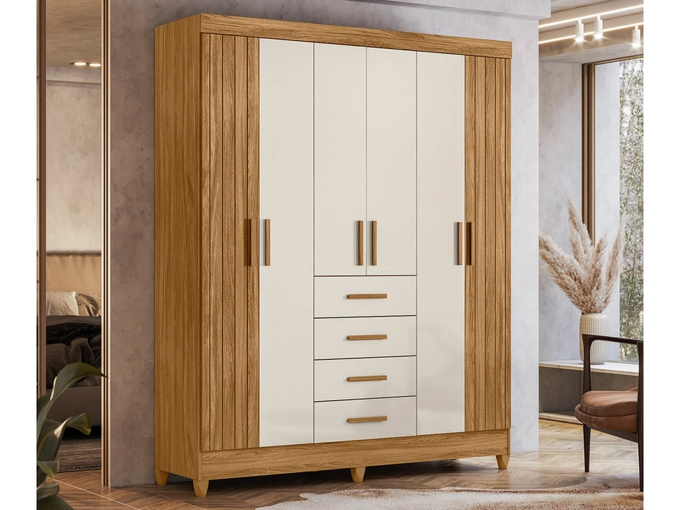 Guarda Roupa Aruba 6 Portas 2 Ripadas 4 Gavetas Puxadores de Mdf 6 Pés - Alt.: 204cm Larg.: 165cm Prof.:47cm - 3