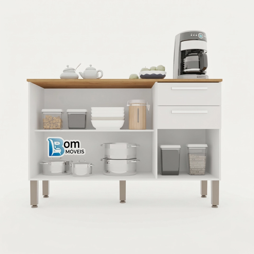 Balcão New Valencia C/ 3 Portas 1 Prateleira 2 Gavetas Puxadores Mdf 5 Pés Reguláveis - Alt.: 85,5cm Larg.: 120cm Prof.: 36cm. - 6