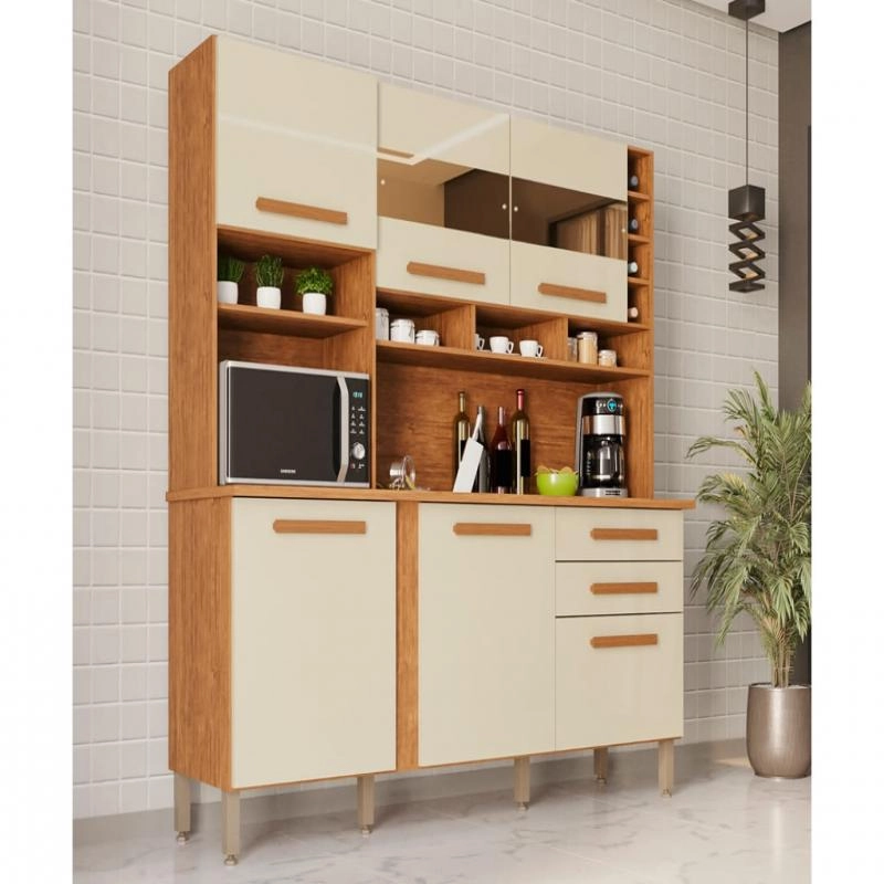 Cozinha Compacta Alexia C/ 2 Espelhos 6 Portas 2 Gavetas Nicho Adega Puxadores Mdf 6 Pés Reguláveis - Alt.: 200cm Larg.: 182cm Prof.: 42cm.  - 3