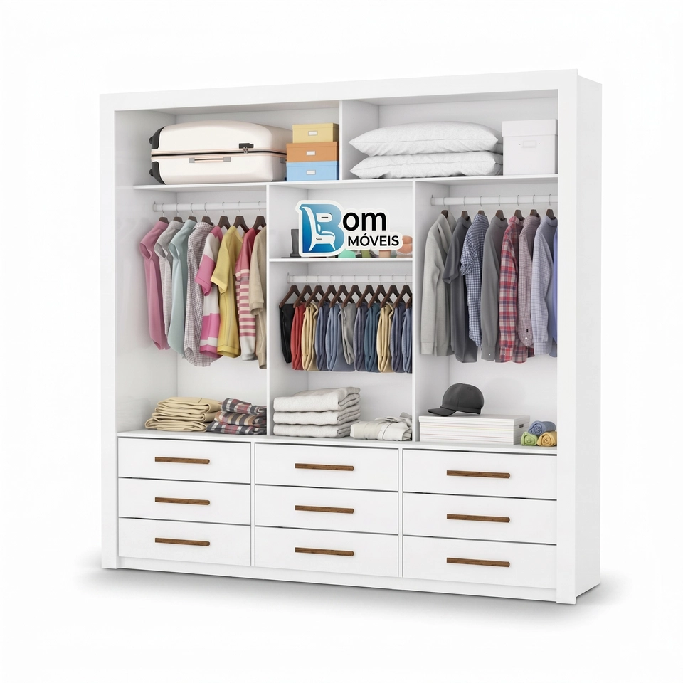 Guarda Roupa Anjos 3 Portas Deslizantes C/ Espelho 9 Gavetas - Alt.: 208cm - Larg.: 191cm - Prof.: 54cm - 6