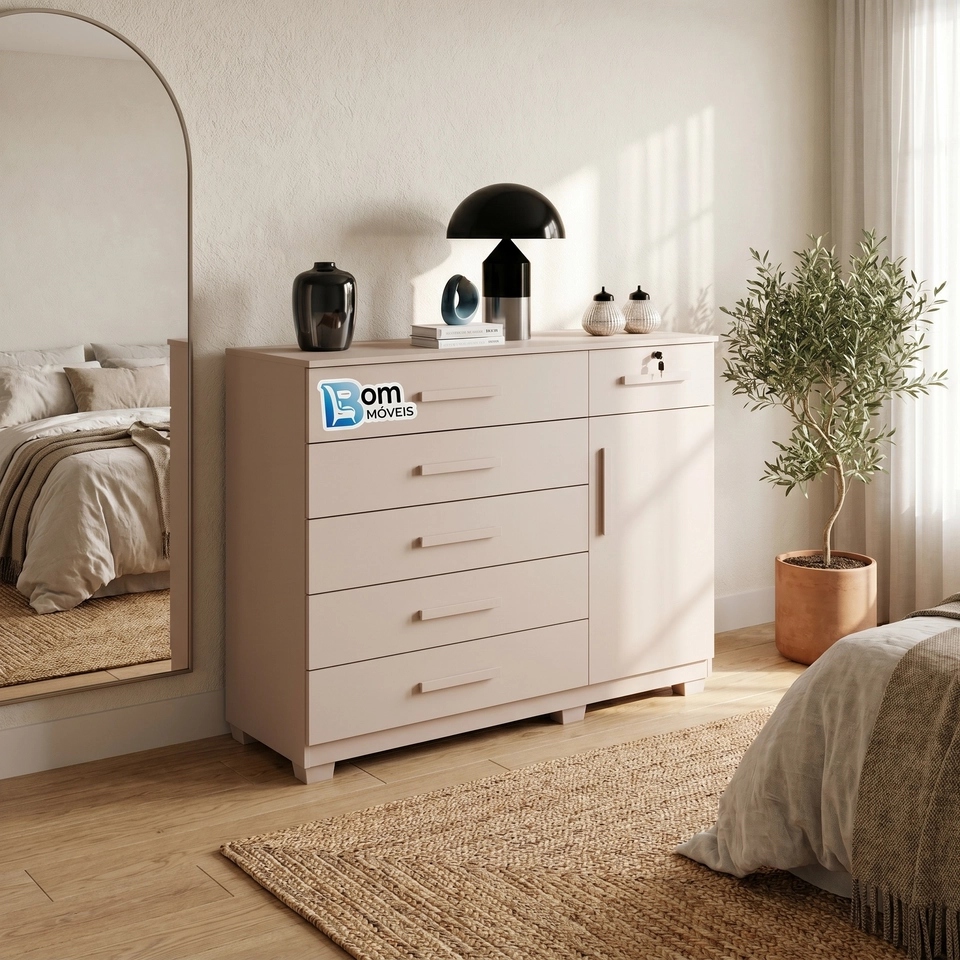 Cômoda Milão C/ Sapateira 6 Gavetas 1 Chave 1 Porta 1 Prateleira Puxadores MDF 6 Pés - Alt.: 110 cm Larg.: 122cm Prof.: 45cm. - 4