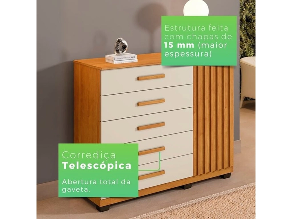 Cômoda Paris 5 Gavetas 1 Porta Ripada Puxadores Mdf 2 Prateleiras 6 Pés - Alt.: 110cm Larg.: 122cm Prof.: 46cm. - 4