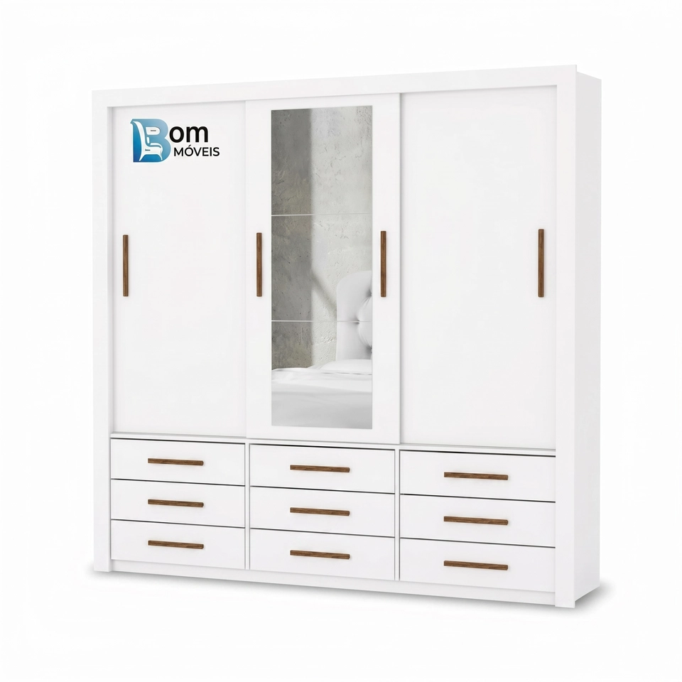 Guarda Roupa Anjos 3 Portas Deslizantes C/ Espelho 9 Gavetas - Alt.: 208cm - Larg.: 191cm - Prof.: 54cm - 5