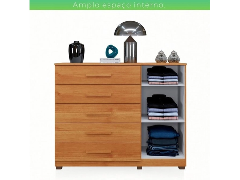 Cômoda Paris 5 Gavetas 1 Porta Ripada Puxadores Mdf 2 Prateleiras 6 Pés - Alt.: 110cm Larg.: 122cm Prof.: 46cm. - 8