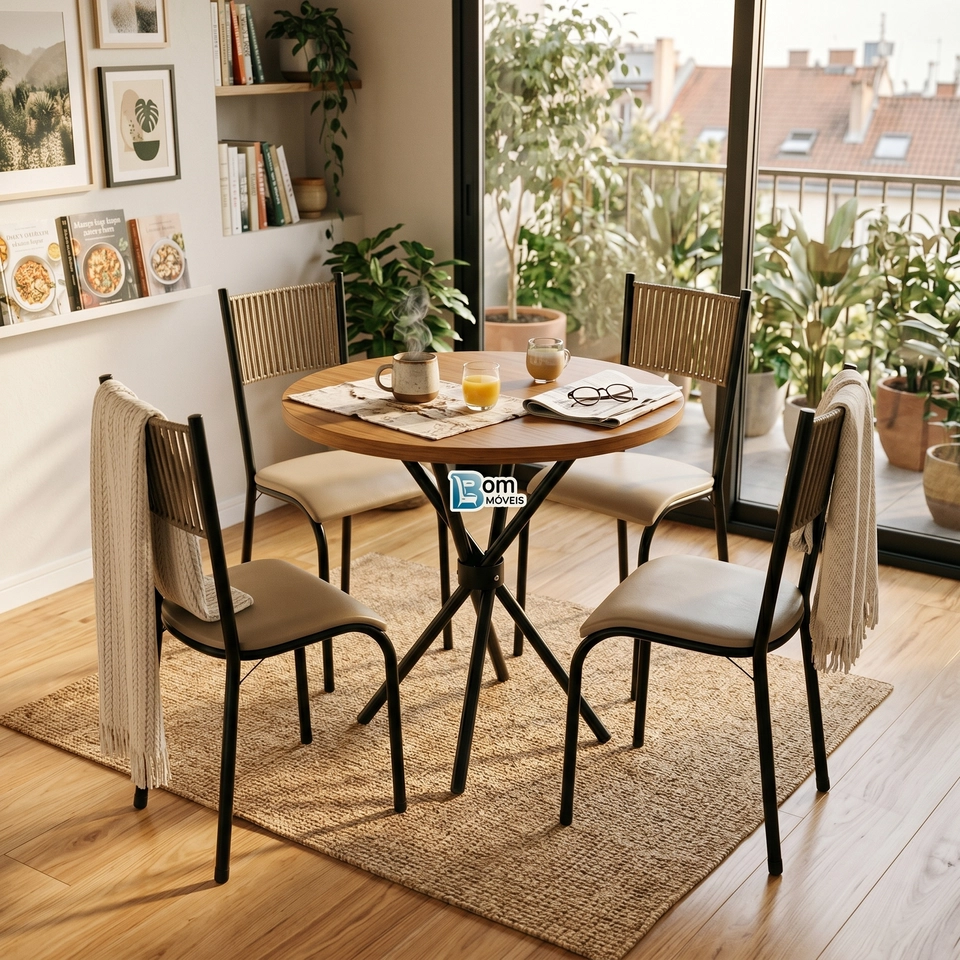 Conjunto de Mesa Argola De Madeira Ripada e Base Metálica 4 Cadeiras C/ Corda Náutica -   - 2