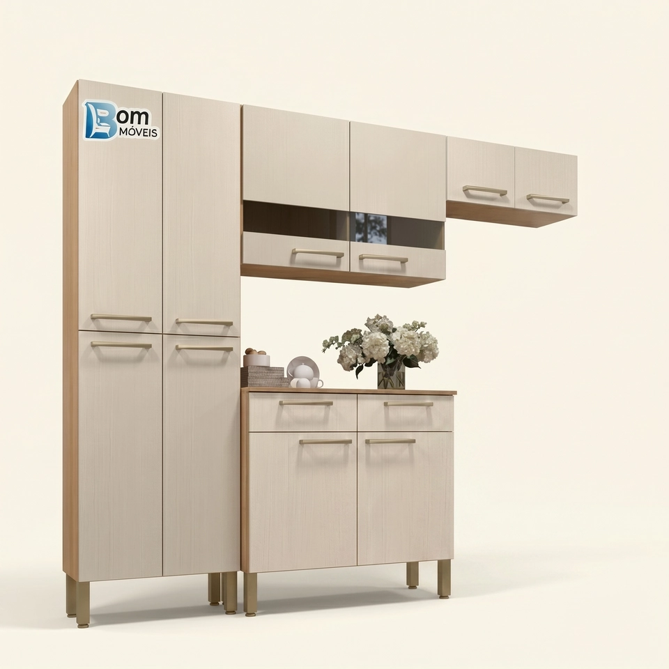 Cozinha Nala C/ 10 Portas 2 C/ Vidro Balcão C/ 2 Gavetas Puxadores Metalizados 8 Pés Reguláveis - Alt.: 193cm Larg.: 221cm Prof.: 28cm. - 2