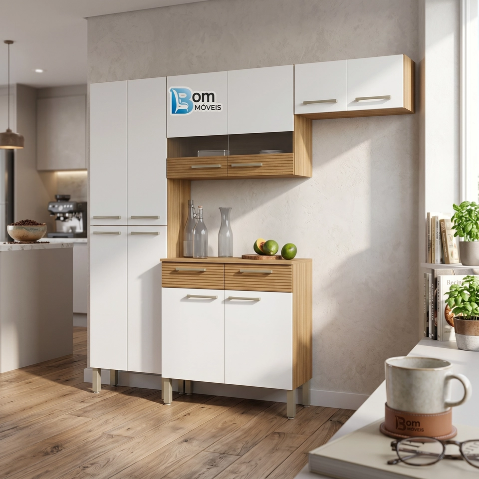 Cozinha Nala C/ 10 Portas 2 C/ Vidro Balcão C/ 2 Gavetas Puxadores Metalizados 8 Pés Reguláveis - Alt.: 193cm Larg.: 221cm Prof.: 28cm. - 3