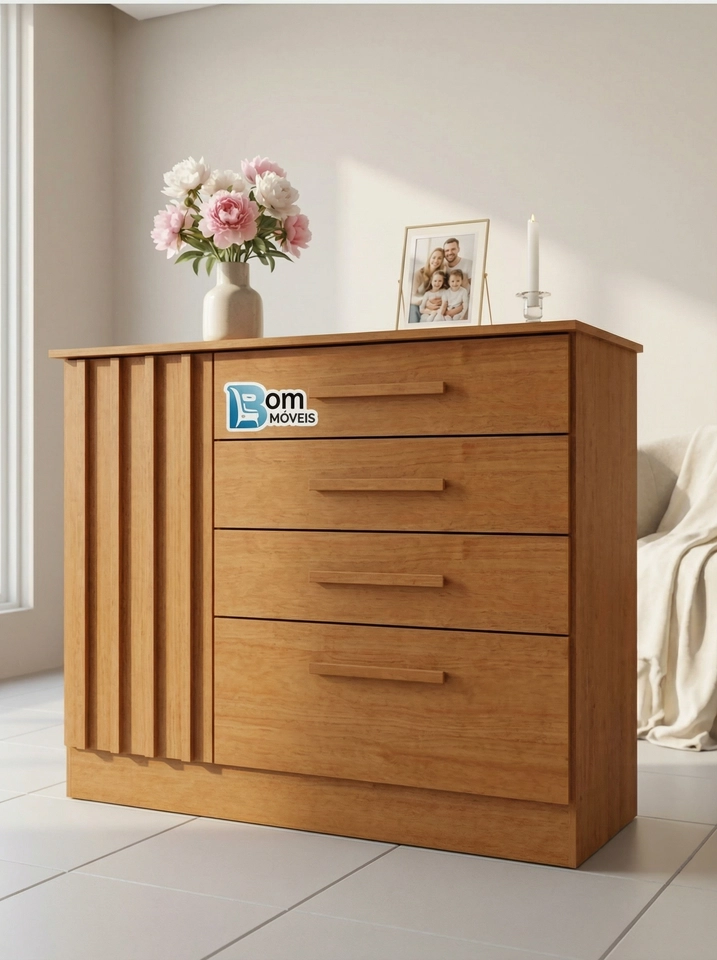 Cômoda C/ Sapateira Guarani Porta Ripada 4 Gavetas Puxadores Mdf 1 Prateleira - Alt.: 91cm - Larg.: 104cm - Prof.: 44cm. - 4