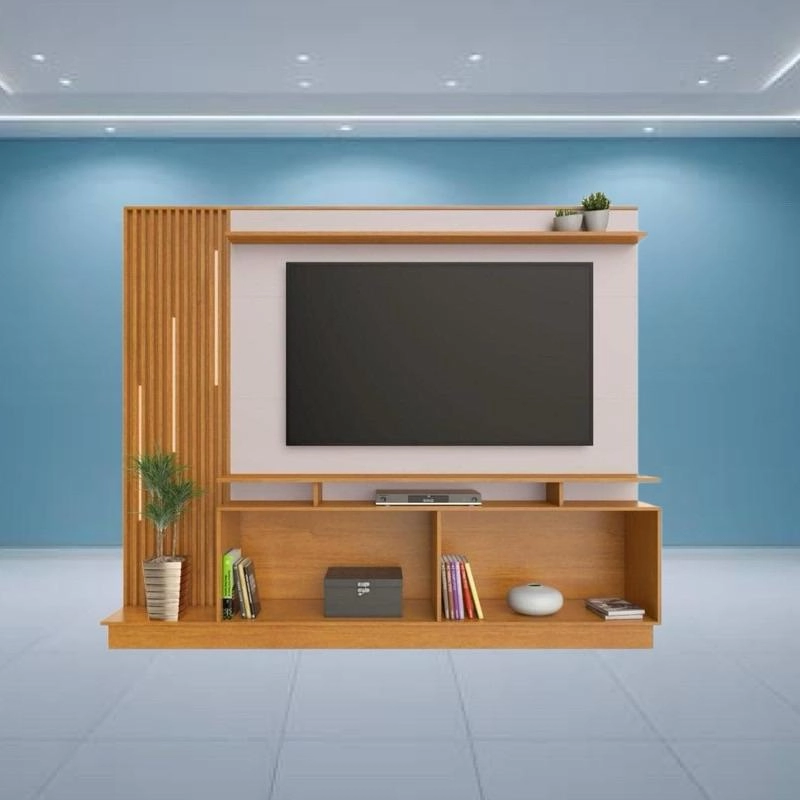 Home Theater Absoluto P/ Tv Até 65 Polegadas 4 Portas C/ Puxadores e Lateral Vertical Ripados C/ 3 Fitas de Led 1 Prateleira Superior - Alt.: 189cm Larg.: 200cm Prof.: 43cm. - 2