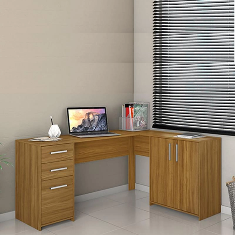 Mesa De Escritório NT 2005 Em L 2 Gavetas 3 Portas Puxadores Metálicos - Alt.: 47cm Larg.: 120cm Prof.: 45/36cm. - 2