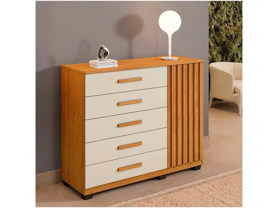 Cômoda Paris 5 Gavetas 1 Porta Ripada Puxadores Mdf 2 Prateleiras 6 Pés - Alt.: 110cm Larg.: 122cm Prof.: 46cm. - 2