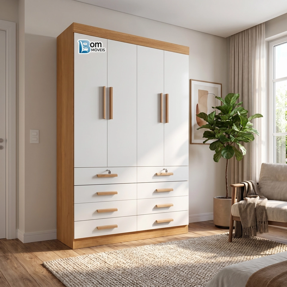 Guarda Roupa Mônaco 4 Portas 8 Gavetas 2 C/ Chave Puxadores De Mdf - Alt.: 230cm - Larg.: 160cm - Prof.: 55cm. - 3