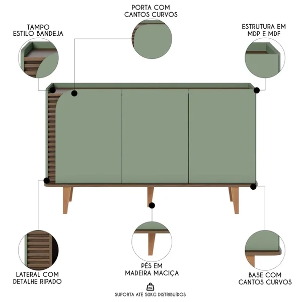 Buffet Aparador Jurerê 3 Portas Lateral Ripada 5 Divisões internas 5 Pés Palitos Retrô de Madeira - Alt.: 79cm Larg.: 136cm Prof.: 39cm. - 3