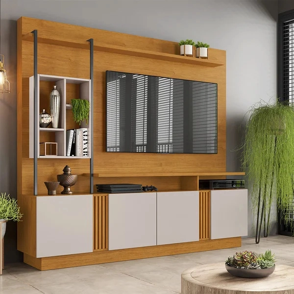 Home Fortuna Para Tv Até 65 Polegadas 4 Portas 2 Divisões Ripadas Prateleira Superior e Nicho - Alt.: 189cm Larg.: 200cm Prof.: 43cm.