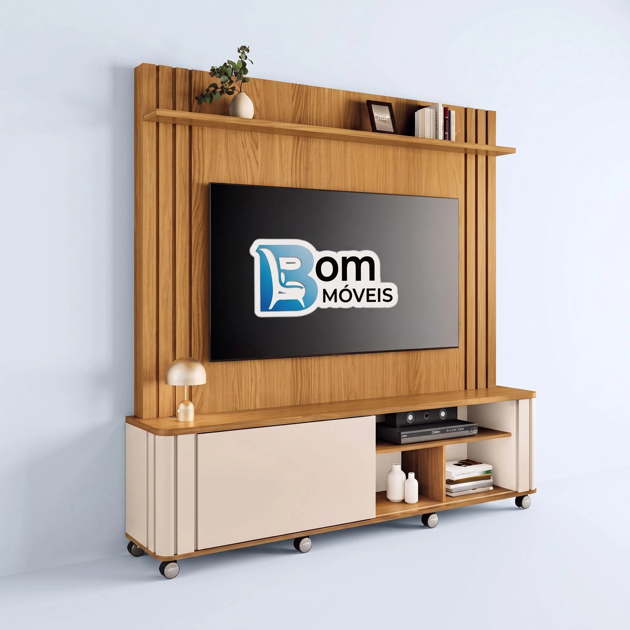 Home Theater Trinus C/ 8 Rodas Laterais Ripadas 1 Prateleira 1 Portas Deslizante - Alt.: 189cm - Larg.: 180cm - Prof.: 40cm - 1