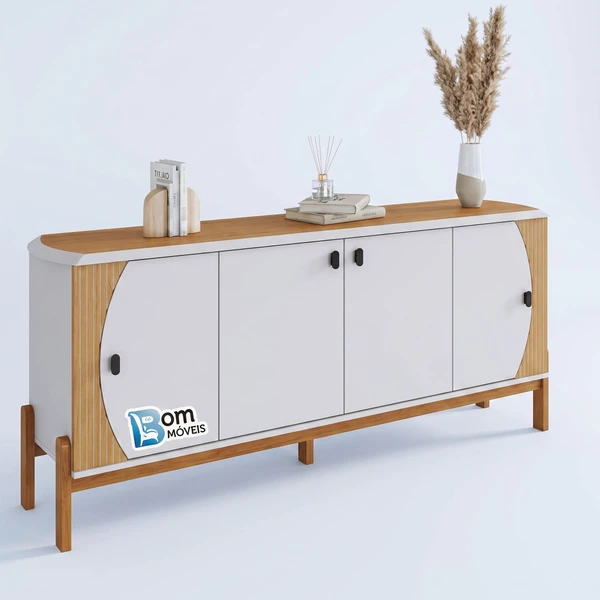 Buffet Selene 4 Portas Laterais Frisadas Tampo Cavado 5 Pés C/ Base De Madeira - Alt.: 78cm - Larg.: 181 - Prof.: 38