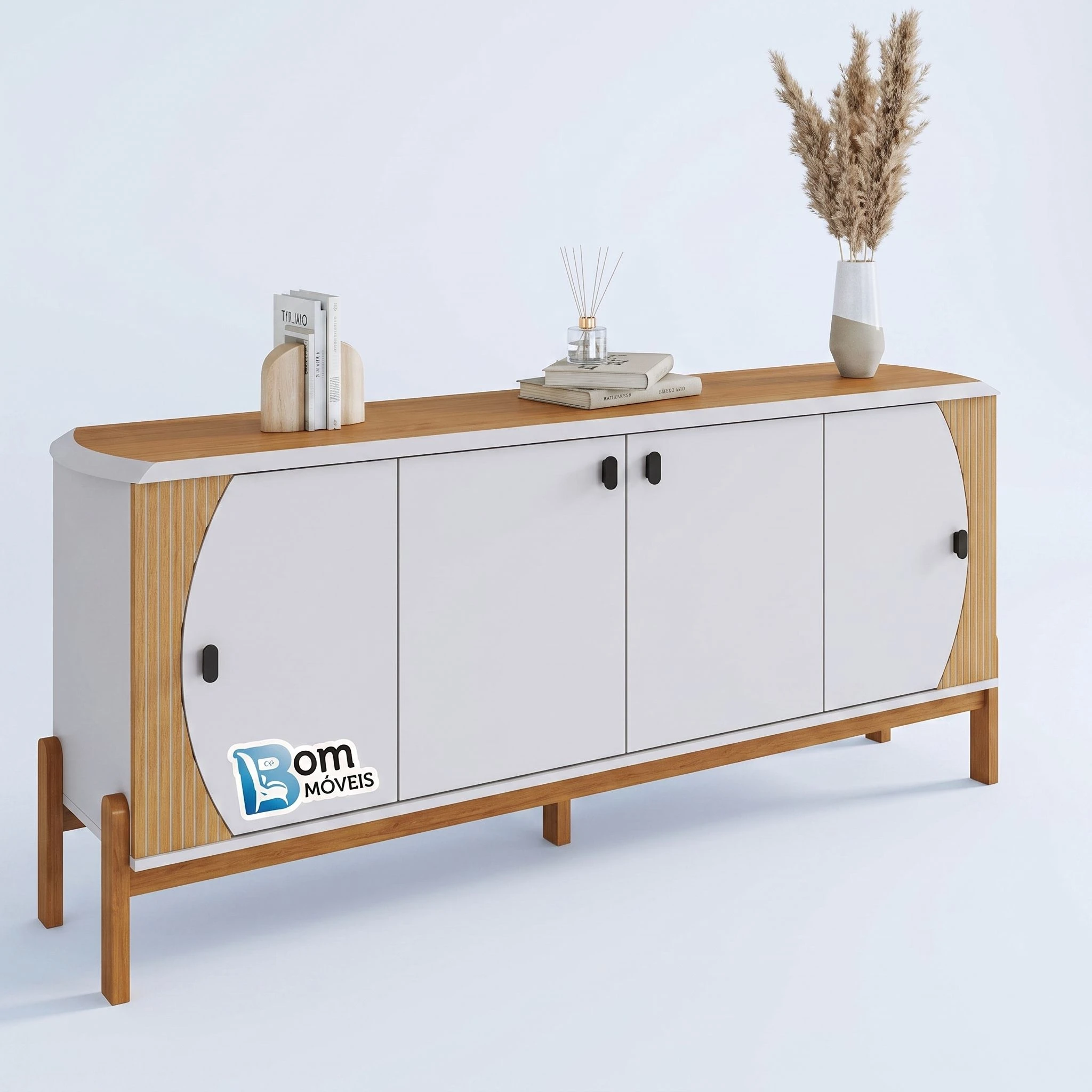 Buffet Selene 4 Portas Laterais Frisadas Tampo Cavado 5 Pés C/ Base De Madeira - Alt.: 78cm - Larg.: 181 - Prof.: 38 - 1