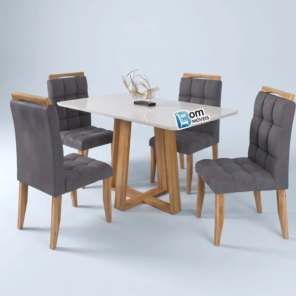 Conjunto de Mesa C/ Tampo de Vidro Bali 4 Cad. Estofadas Pés e Base De Madeira - Larg.: 80cm - Prof.: 120cm. 