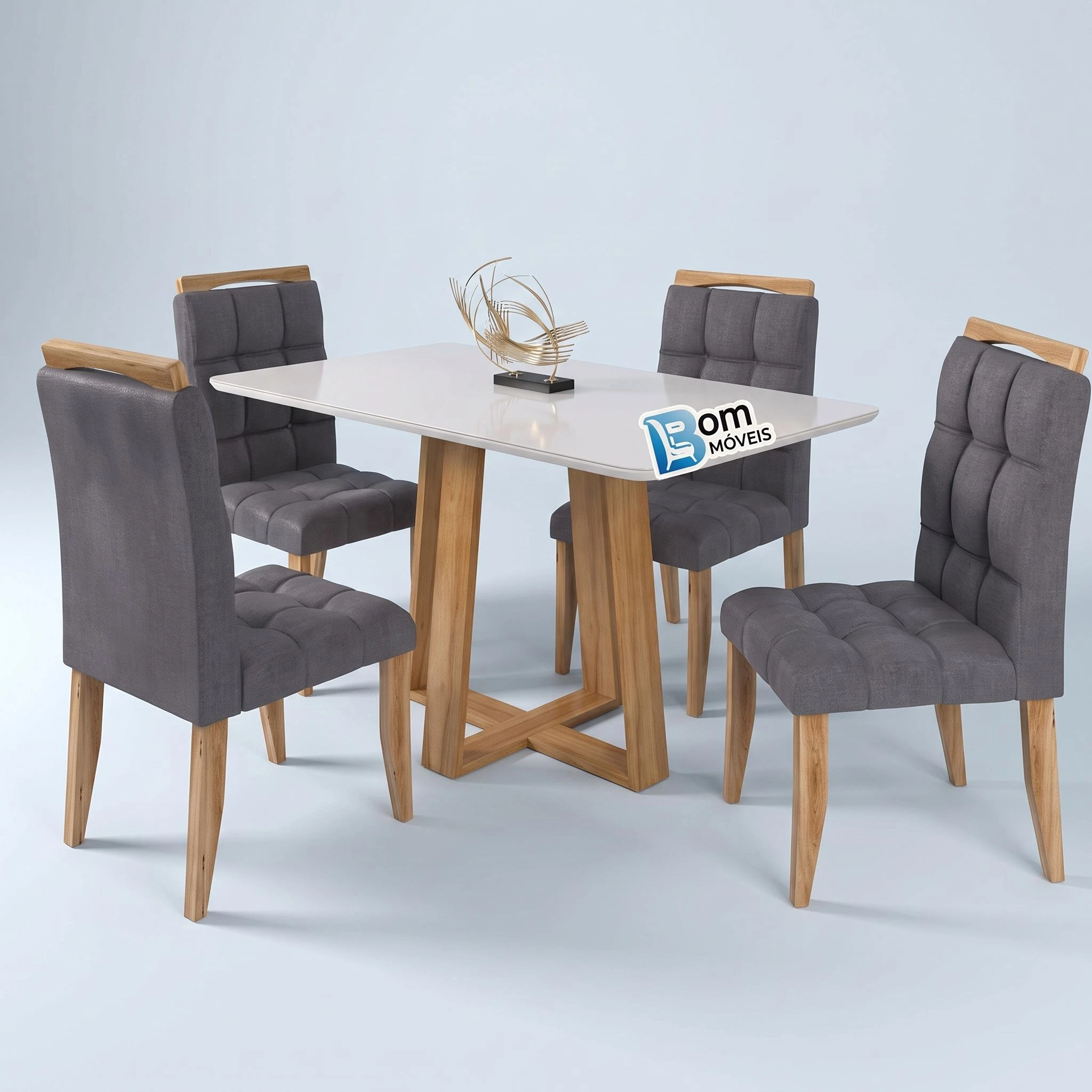 Conjunto de Mesa C/ Tampo de Vidro Bali 4 Cad. Estofadas Pés e Base De Madeira - Larg.: 80cm - Prof.: 120cm.  - 1