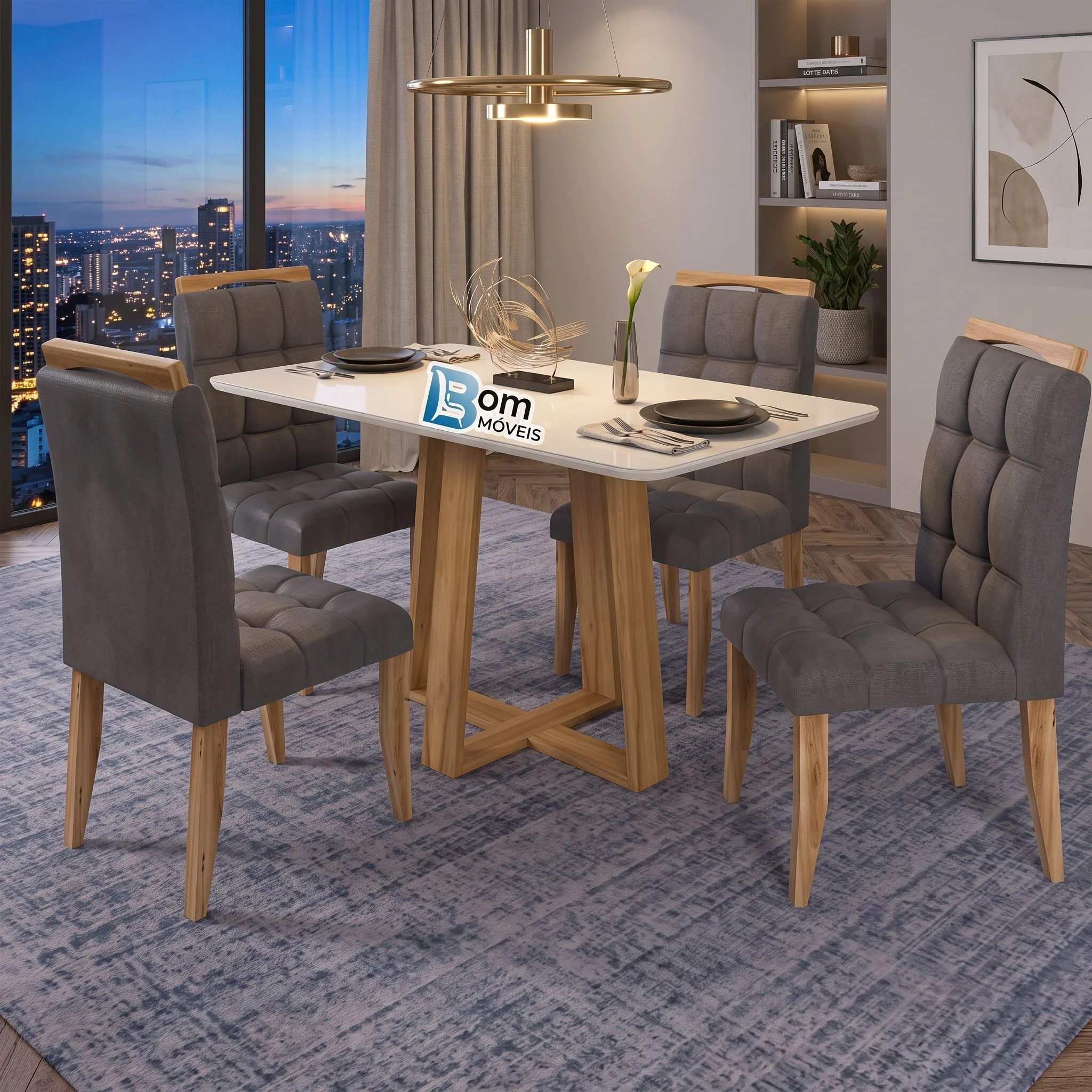 Conjunto de Mesa C/ Tampo de Vidro Bali 4 Cad. Estofadas Pés e Base De Madeira - Larg.: 80cm - Prof.: 120cm.  - 2