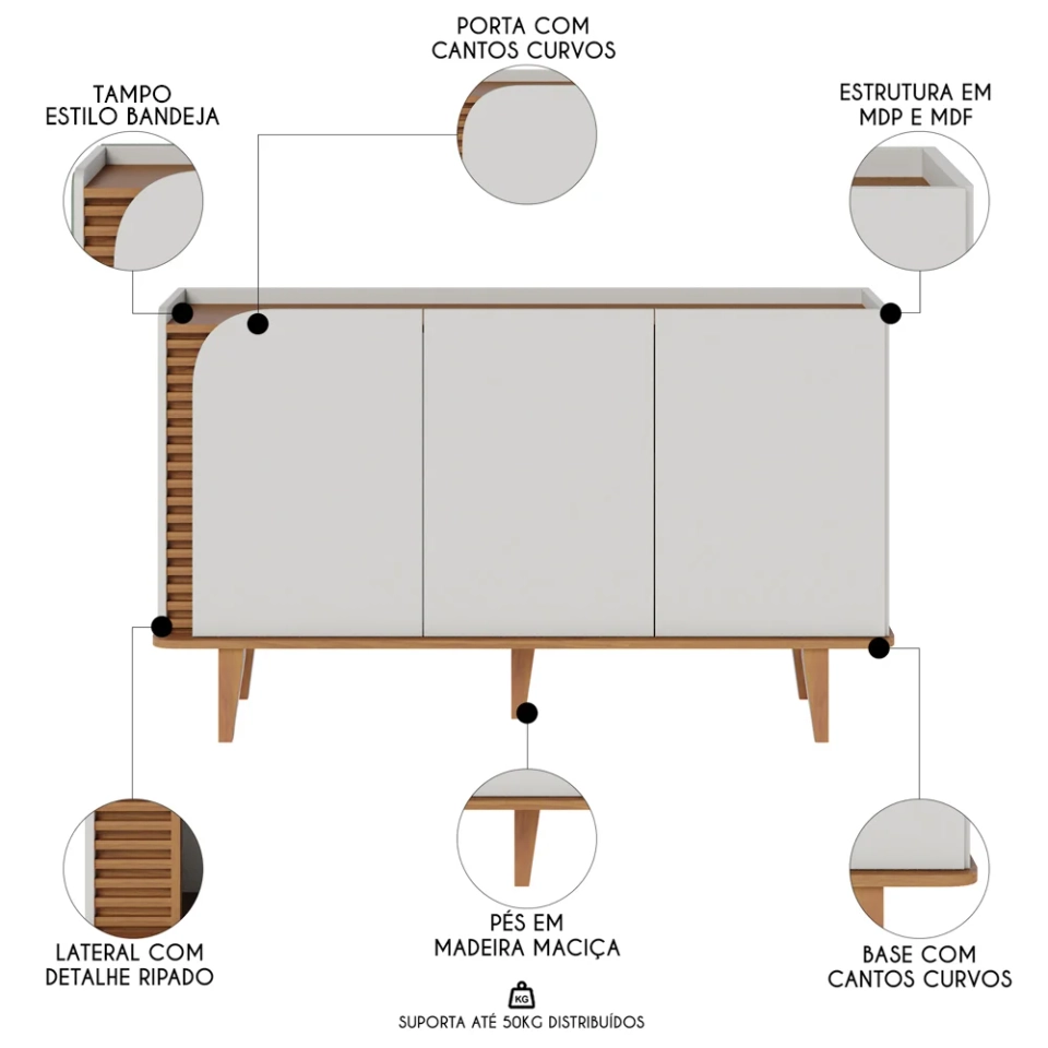 Buffet Aparador Jurerê 3 Portas Lateral Ripada 5 Divisões internas 5 Pés Palitos Retrô de Madeira - Alt.: 79cm Larg.: 136cm Prof.: 39cm. - 6