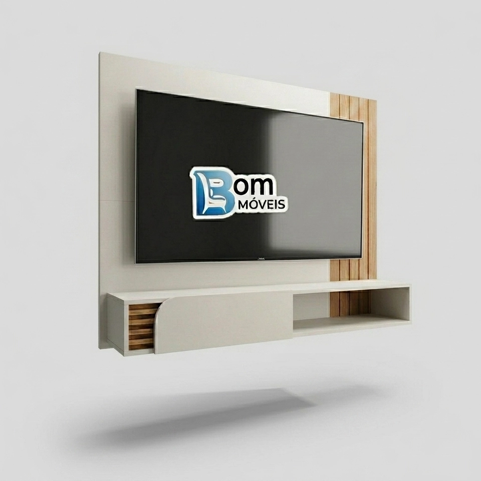 Painel Jurere Para Tv De Até 60 Polegadas 1 Porta Bascula C/ Ripas E Faixa Lateral Ripada - Alt.: 108cm Larg.: 136cm Prof.: 28cm.