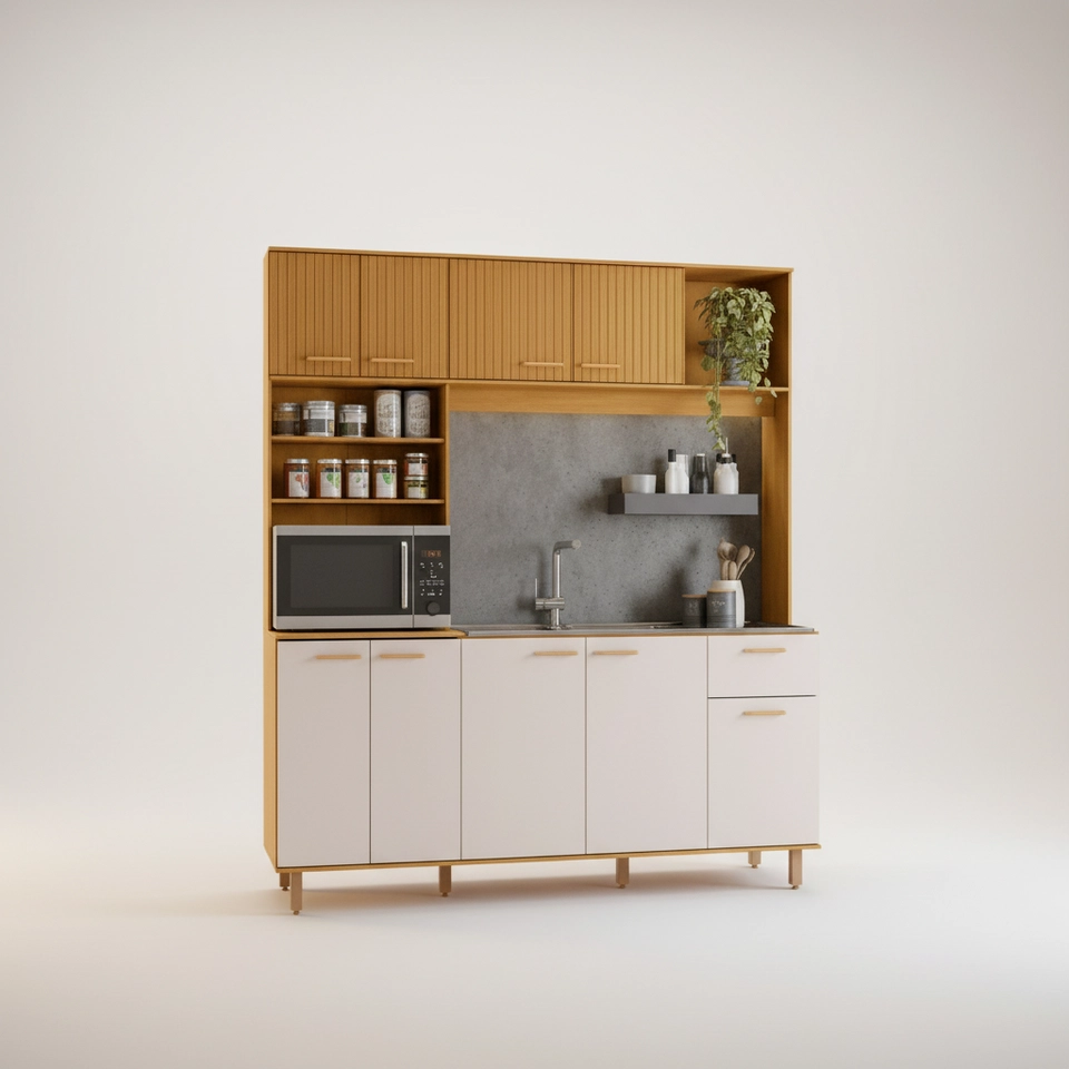 Cozinha Compacta Nuria 9 Portas 4 Superiores Ripadas C/ Nicho Para Micro Ondas - Alt.: 203cm - Larg.: 180cm - Prof.: 50cm. - 3