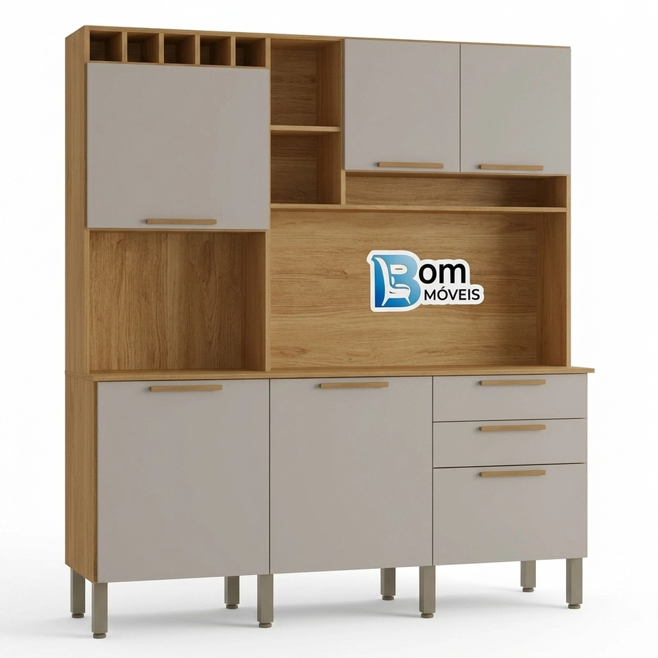 Cozinha Compacta Topázio 6 Portas 2 Gavetas Puxadores Mdf 5 Prateleiras Nicho Adega 8 Pés Reguláveis - Alt.: 201cm Larg.: 165cm Prof.: 45cm. - 1