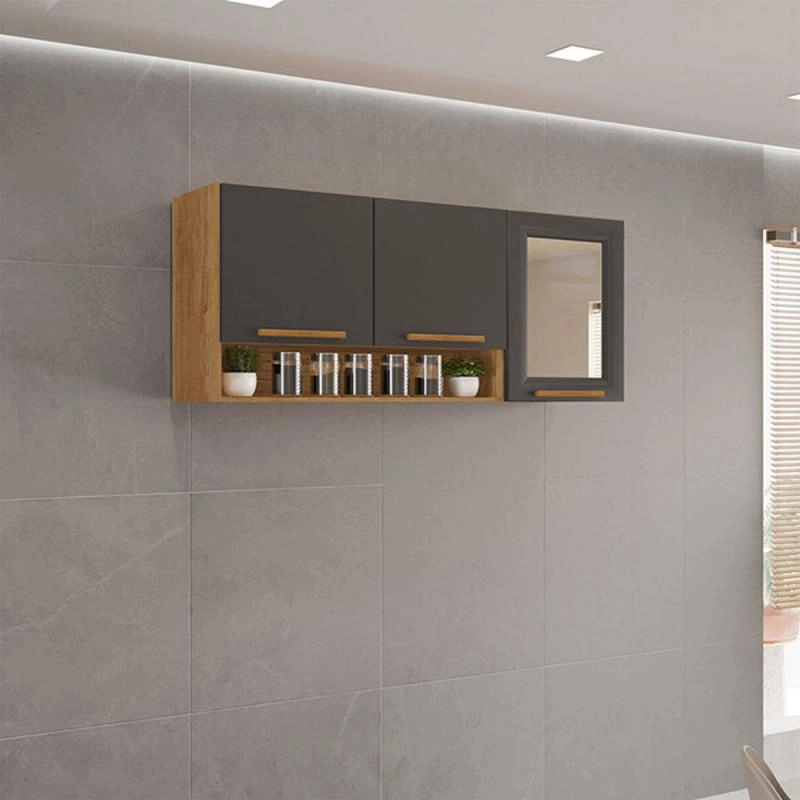 Armário Aéreo De Cozinha Valencia C/ Vidro Reflecta 3 Portas 2 Prateleiras Puxador Mdf - Alt.: 54cm Larg.: 120cm Prof.: 26cm. - 4