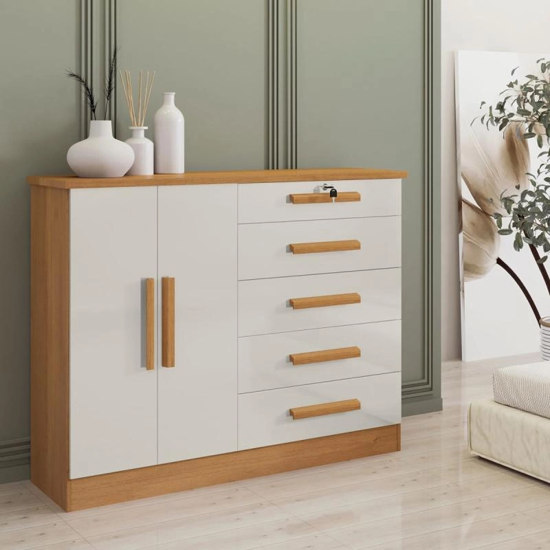 Cômoda Com Sapateira Athos 5 Gavetas Chave 2 Portas 2 Prateleiras Puxadores De Mdf - Alt.: 110cm Larg.: 136cm Prof.: 45cm.