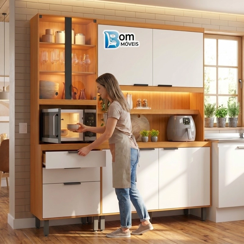 Cozinha Compacta Murano C/ 7 Portas 2 De Vidro C/ Led 7 Pés Reguláveis - Alt.: 212cm - Larg.: 182 - Prof.: 48 - 2