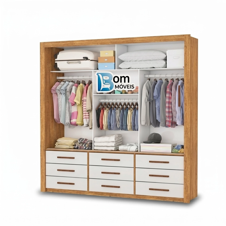 Guarda Roupa Anjos 3 Portas Deslizantes C/ Espelho 9 Gavetas - Alt.: 208cm - Larg.: 191cm - Prof.: 54cm - 2