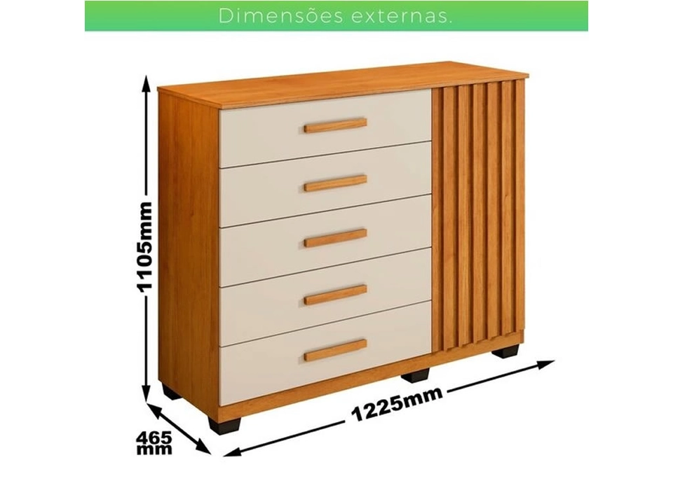 Cômoda Paris 5 Gavetas 1 Porta Ripada Puxadores Mdf 2 Prateleiras 6 Pés - Alt.: 110cm Larg.: 122cm Prof.: 46cm. - 5