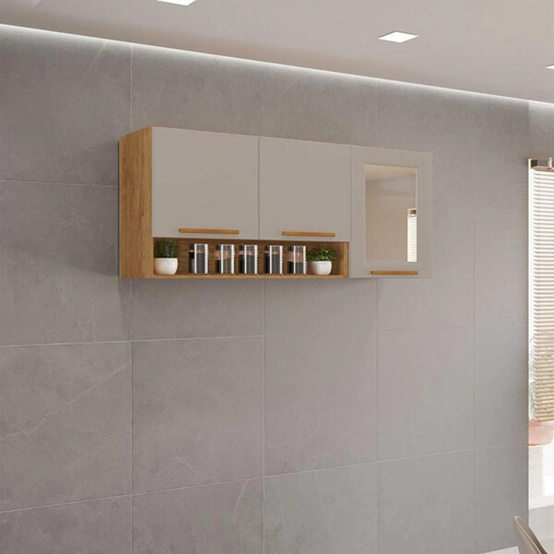 Armário Aéreo De Cozinha Valencia C/ Vidro Reflecta 3 Portas 2 Prateleiras Puxador Mdf - Alt.: 54cm Larg.: 120cm Prof.: 26cm.
