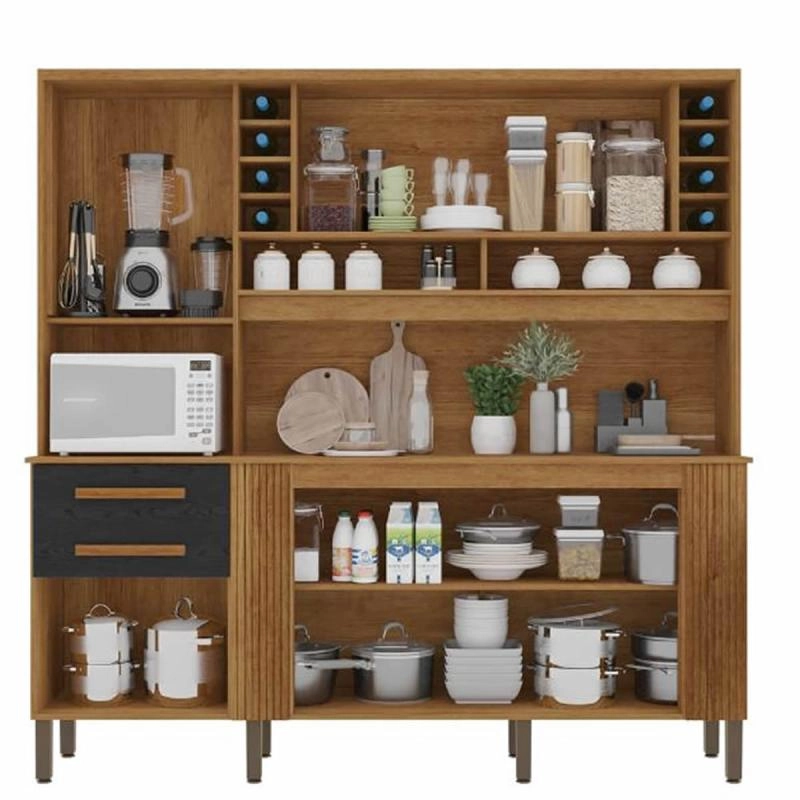 Cozinha Catar Com Molduras Ripadas 6 Portas 2 Gavetas Puxadores Mdf 2 Nichos Adega 8 Pés Reguláveis - Alt.: 200cm Larg.: 200cm Prof.: 45cm. - 2