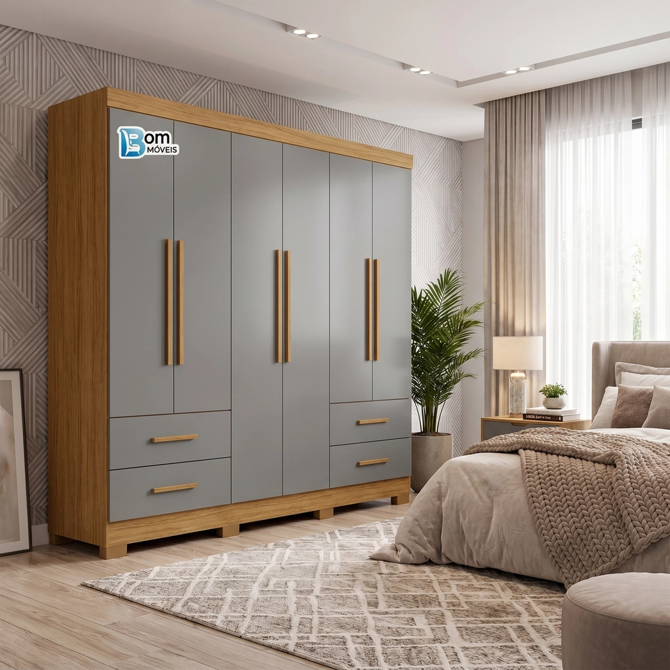 Guarda Roupa Texas 6 Portas 4 Gavetas Puxadores Mdf - Alt.: 210cm - Larg.: 177cm - Prof.: 47cm - 3
