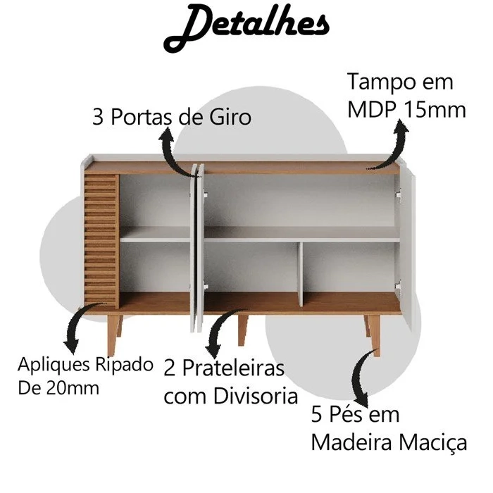 Buffet Aparador Jurerê 3 Portas Lateral Ripada 5 Divisões internas 5 Pés Palitos Retrô de Madeira - Alt.: 79cm Larg.: 136cm Prof.: 39cm. - 5
