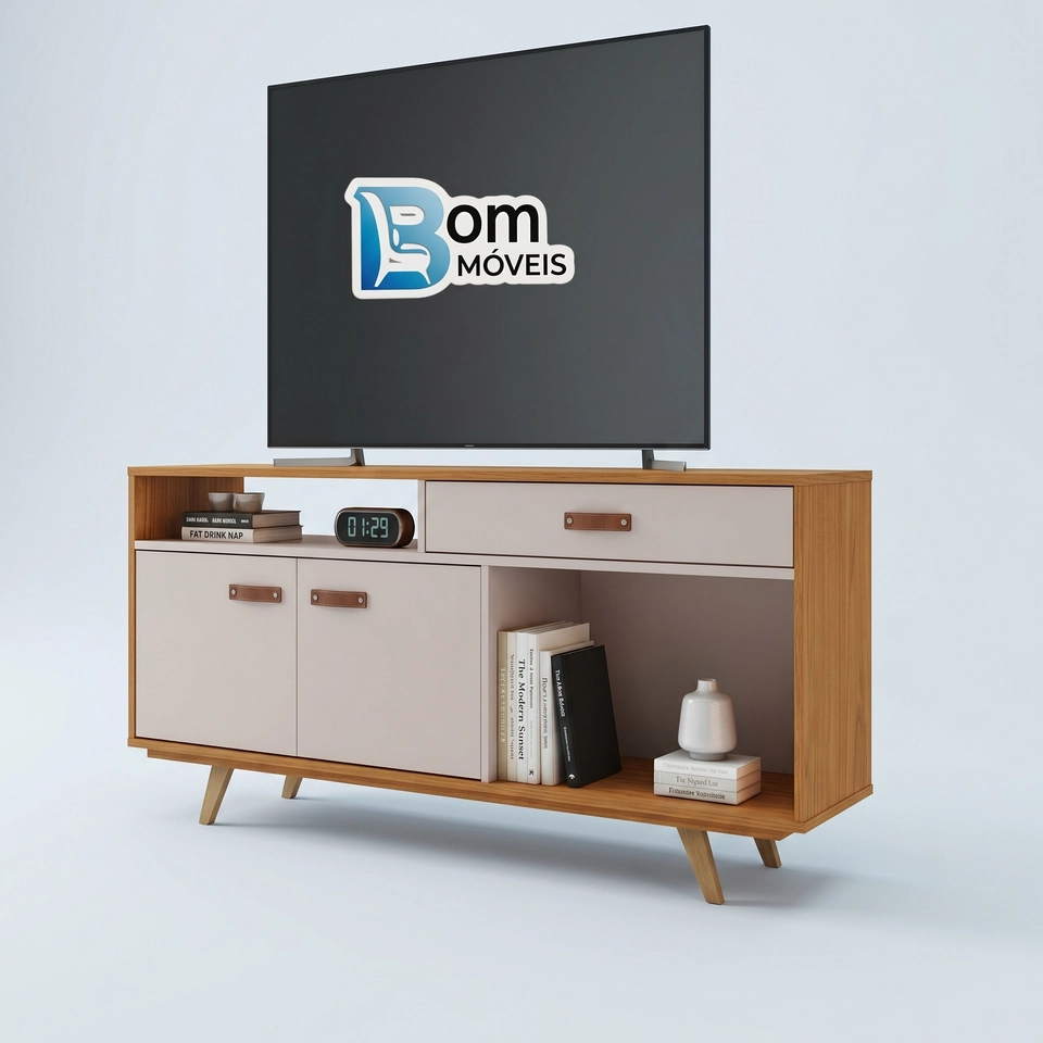 Rack Impar Para Tv Até 65 Polegadas C/ 2 Portas 1 Gaveta Puxador De Couro Bronze 4 Pés Abs - 