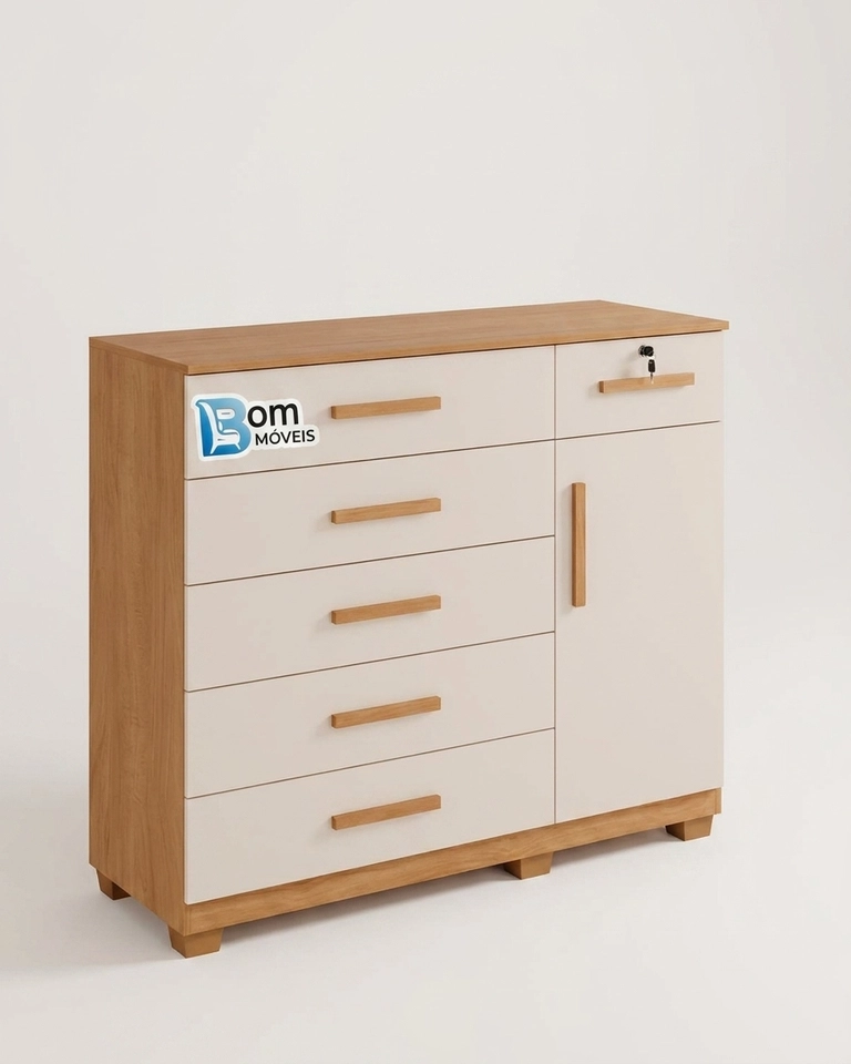 Cômoda Milão C/ Sapateira 6 Gavetas 1 Chave 1 Porta 1 Prateleira Puxadores MDF 6 Pés - Alt.: 110 cm Larg.: 122cm Prof.: 45cm.