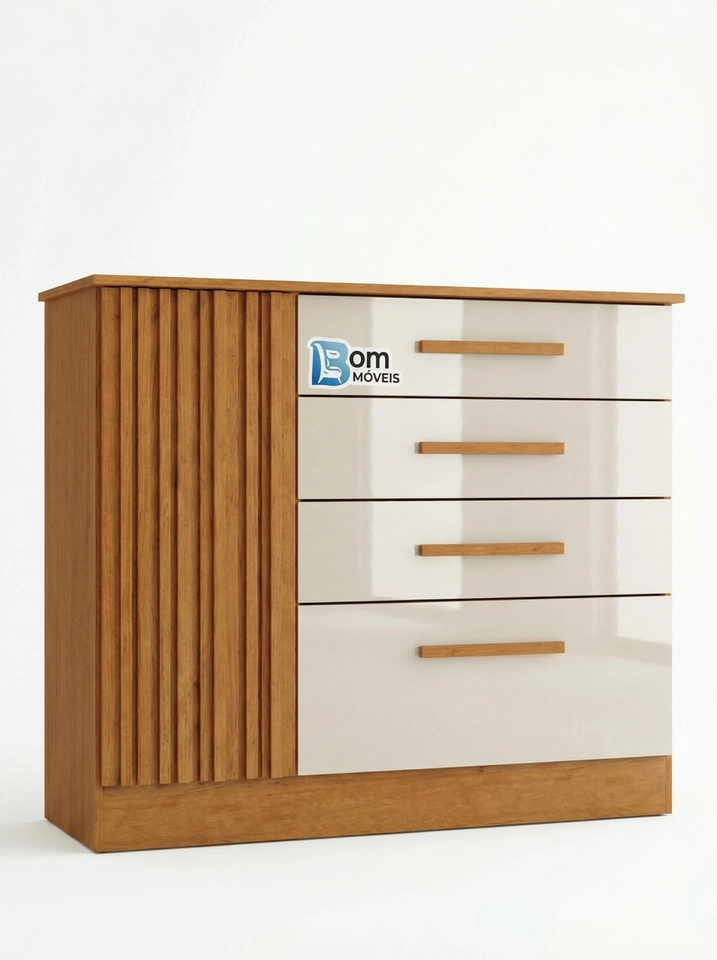Cômoda C/ Sapateira Guarani Porta Ripada 4 Gavetas Puxadores Mdf 1 Prateleira - Alt.: 91cm - Larg.: 104cm - Prof.: 44cm.