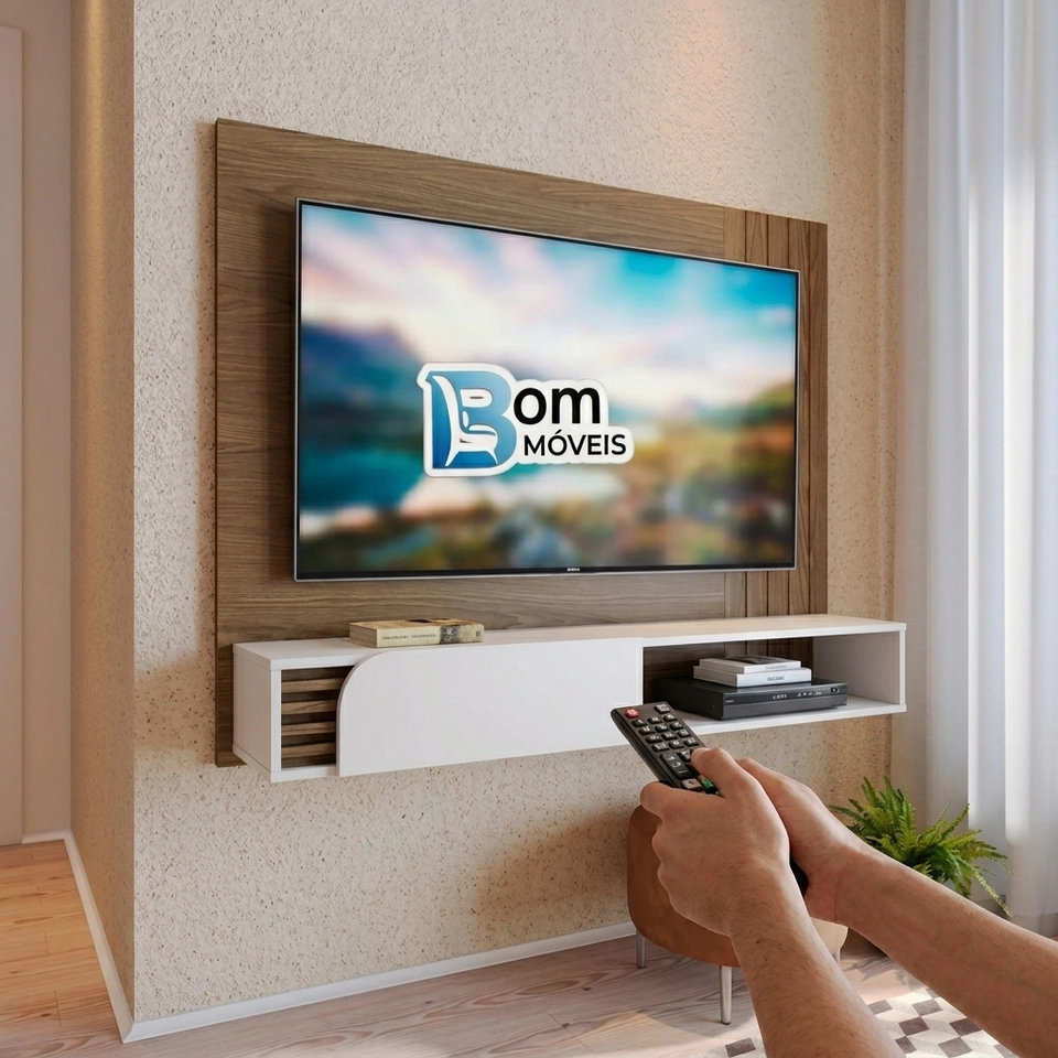 Painel Jurere Para Tv De Até 60 Polegadas 1 Porta Bascula C/ Ripas E Faixa Lateral Ripada - Alt.: 108cm Larg.: 136cm Prof.: 28cm. - 6