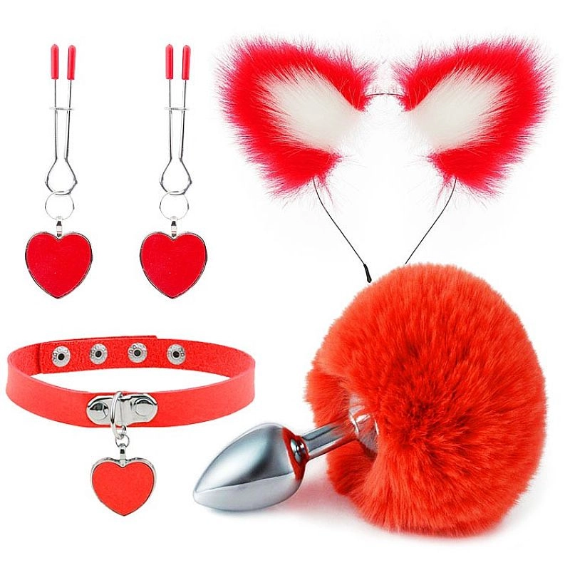 Kit - Rabo de Coelho com Tiara de Orelhas - Grampos para os seios em Metal e Gargantilha - 1